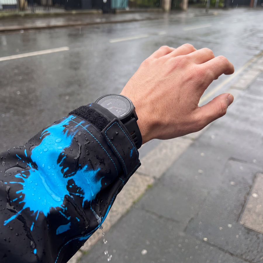 Close-up of a rain-soaked Blue RainRunner sleeve