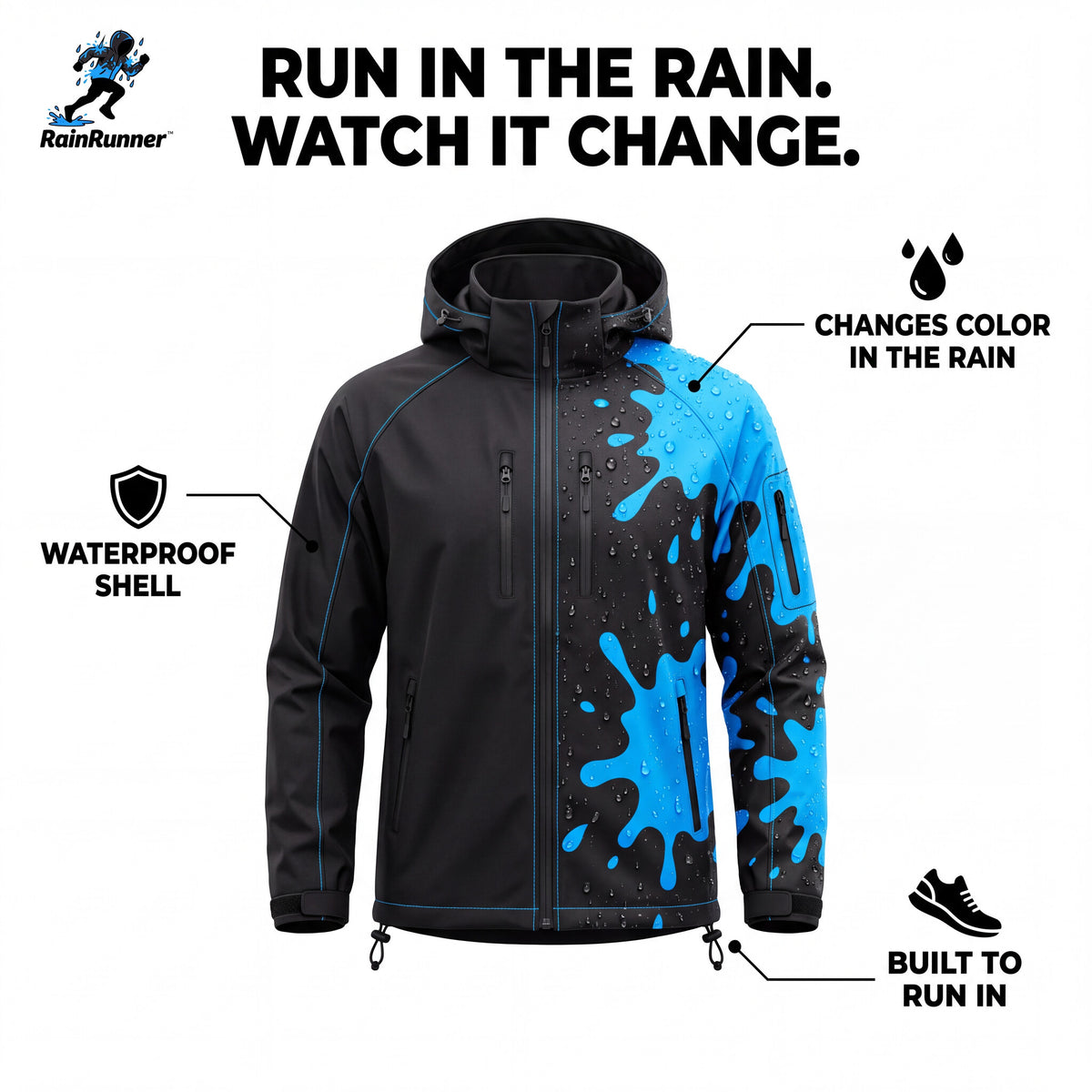 RainRunner jacket features: changes color in the rain, waterproof shell, built to run in