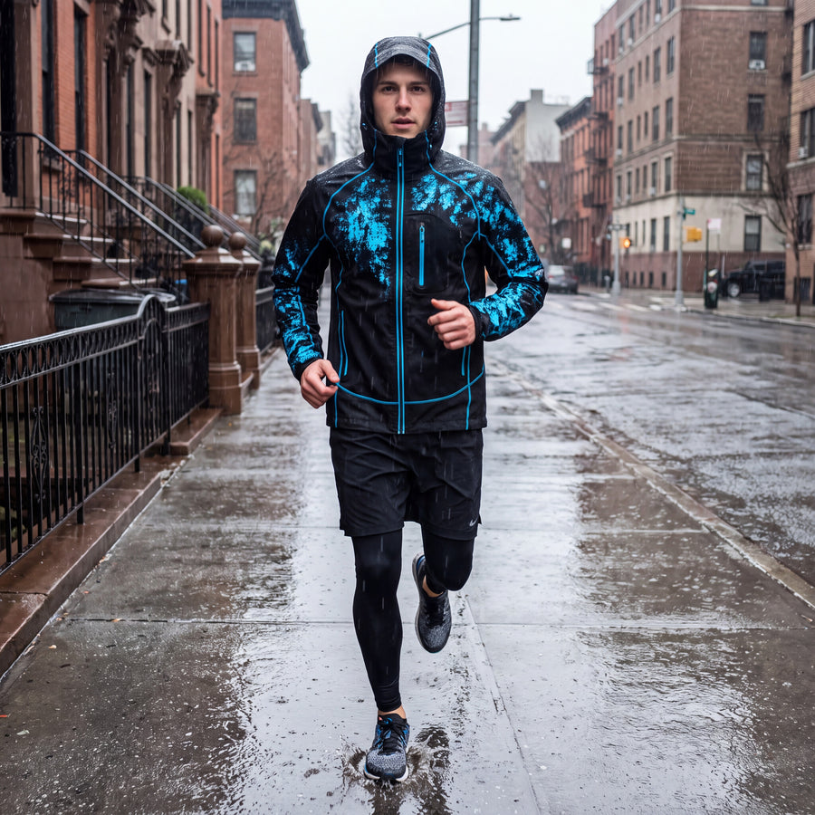 Runner in the Blue RainRunner jacket on a rainy city street