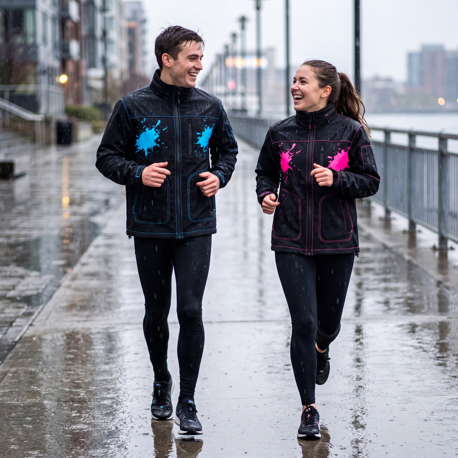 Two runners in Blue and Pink RainRunner jackets