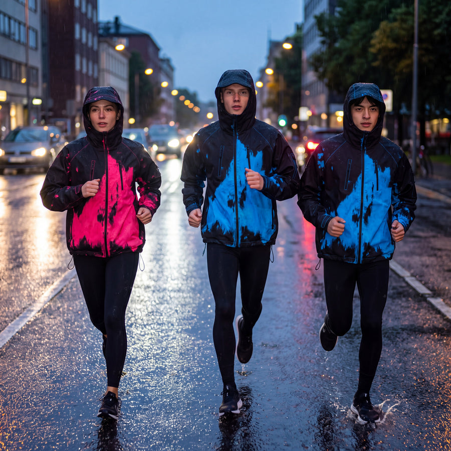 Three runners in RainRunner jackets on a rainy evening street